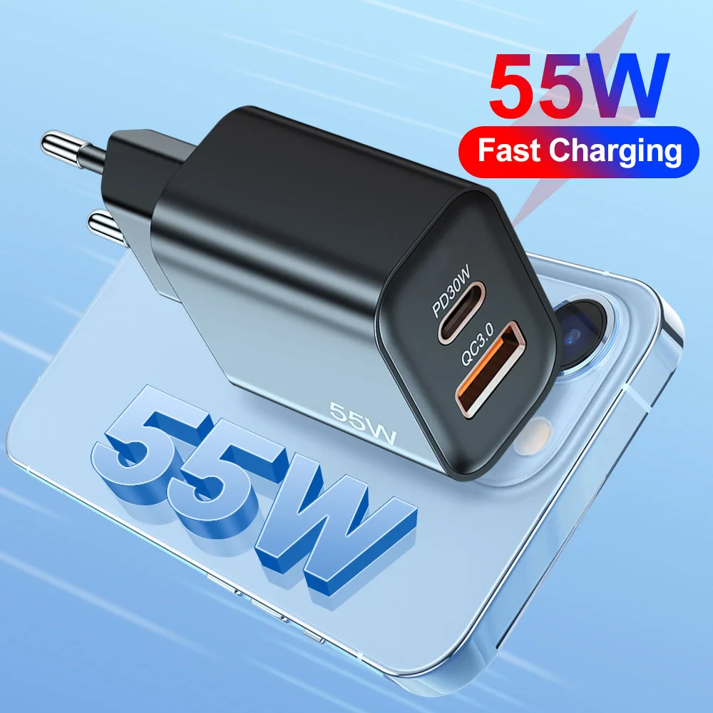 55W USB Charger Type C Fast Charging For iPhone Samsung Xiaomi Huawei USB C Mobile Phone Charger PD Quick Charger Adapter