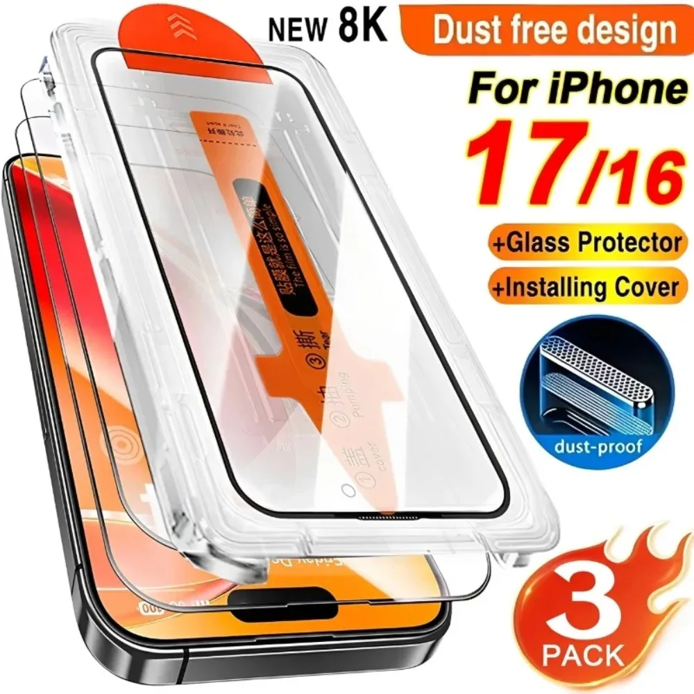 3 Stück Ultra-HD-Displayschutzfolie für iPhone 17 16 15 Pro Max 17 Air 16e 15 Plus 14 13 12 11 Pro Staubfrei Einfache Installation Glas