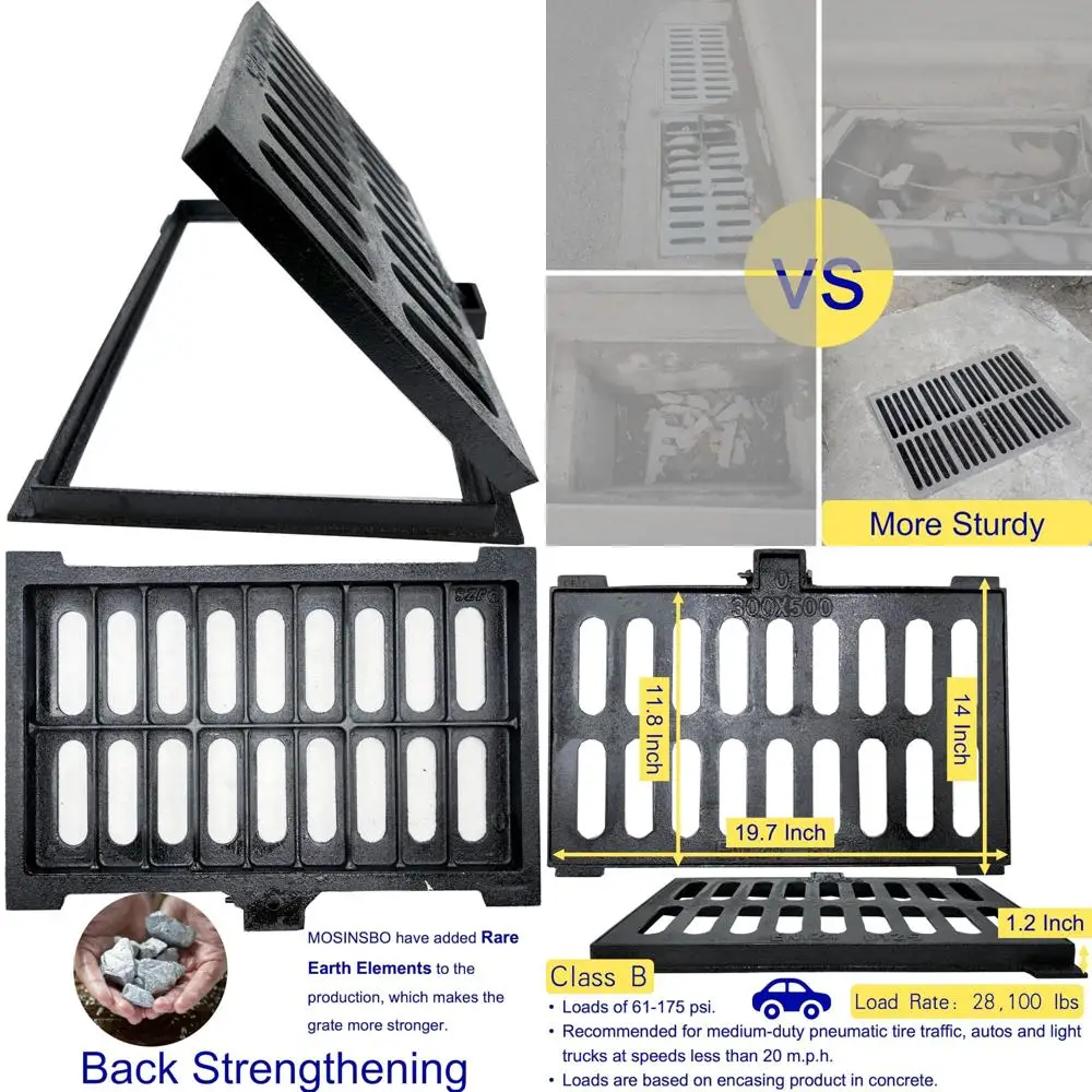 

Heavy Duty 20x12 Outdoor Drain Cover with Base, B Class Sewer Grate, Durable Cast Iron Grate for Heavy Use