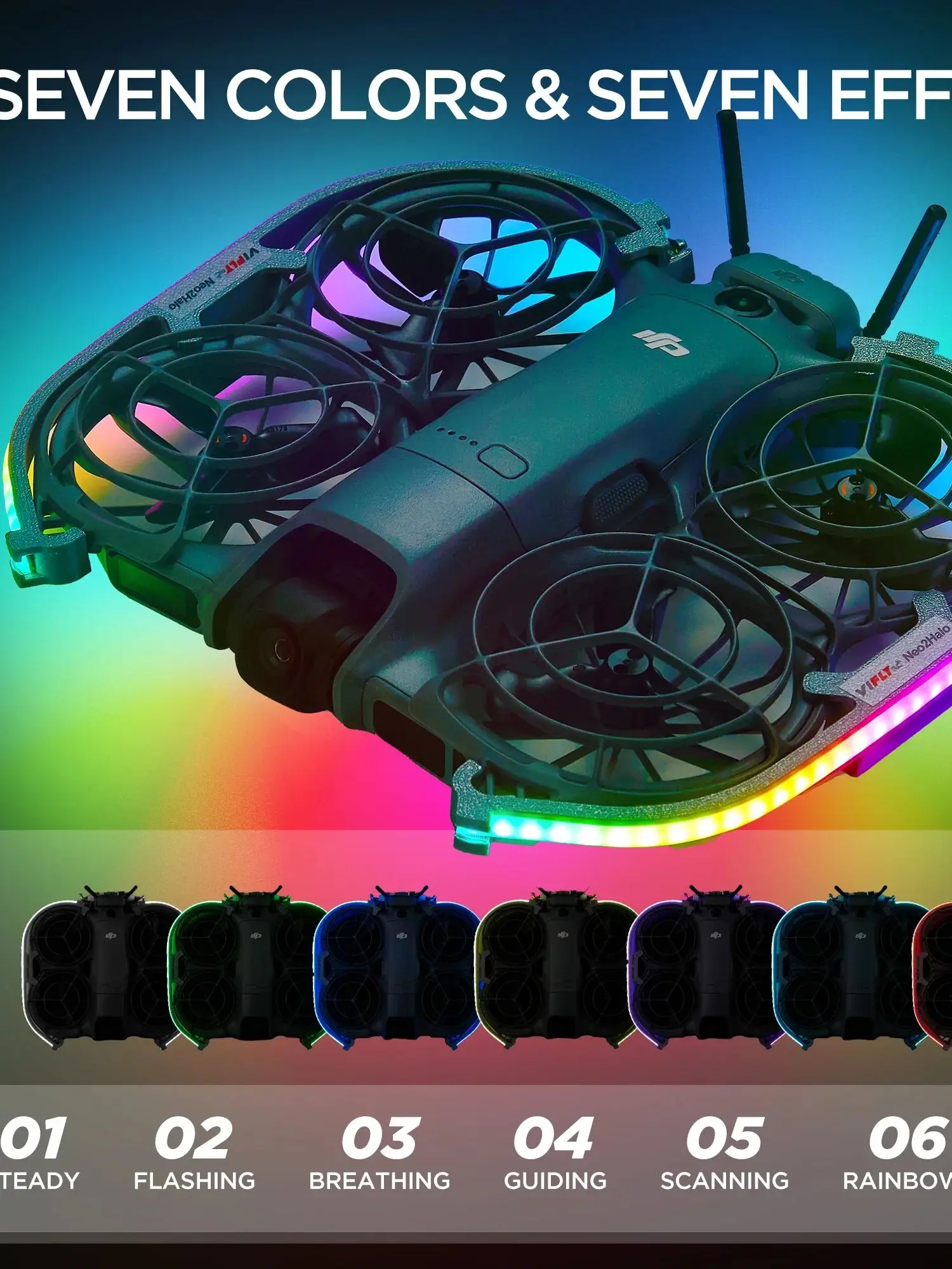 Bande lumineuse LED VIFLY NeoHalo Neo2Halo pour DJI Neo Neo2, modes dynamiques multicolores pour des spectacles de vol nocturnes époustouflants