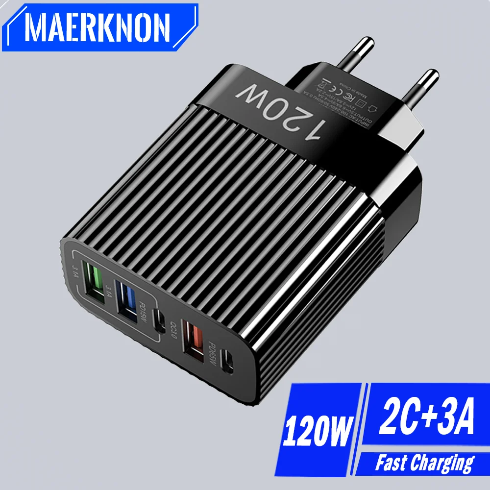 120W USB Fast Charger 5 Ports PD Type C Mobile Phone Power Adapter For iPhone Samsung Xiaomi QC 3.0 USB C Wall Quick Charge Plug