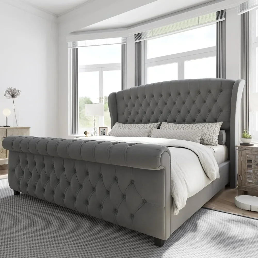 

Platform Bed Frame, Velvet Upholstered Sleigh Bed with Scroll Wingback Headboard & Footboard/Button Tufted