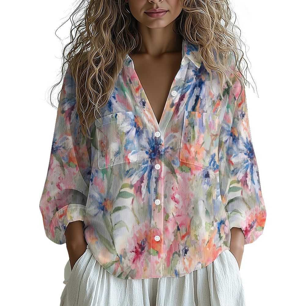 

Women Luxury Floral Shirt Gradient Printed Blouse Elegant Button Up Long Sleeve Shirt for Office Casual Spring Summer Trend