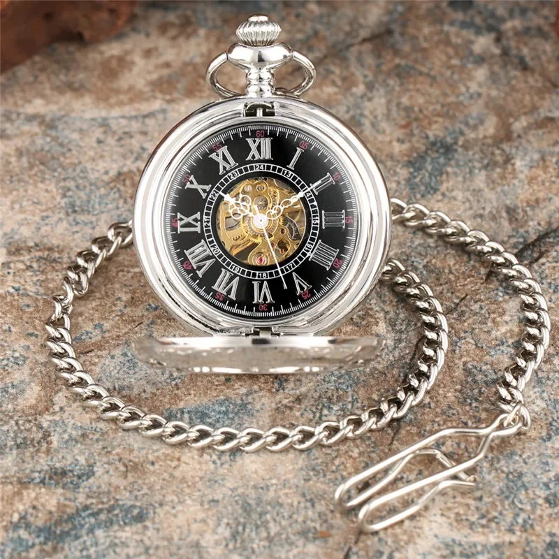 Silver Hollow Flower Case Roman Numeral Dial Pocket Watch Men Women Hand Wind Mechanical Watches Skeleton Clock Pendant Chain