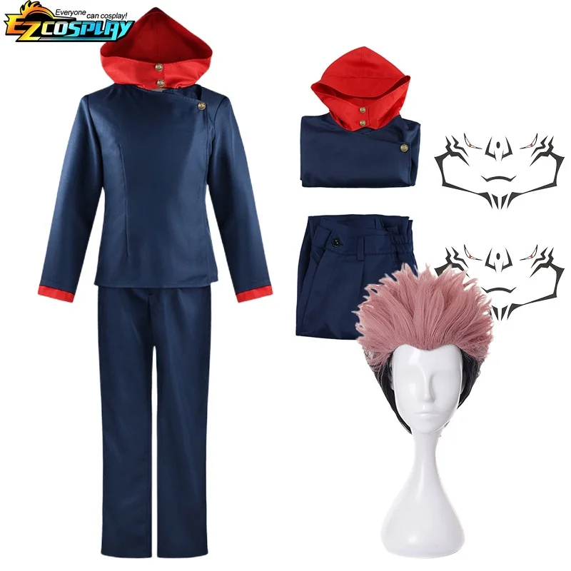 Itadori Yuji Cosplay Anime Jujutsu JJK Itadori Yuji Cosplay Kostuum Pruik Jas Broek Uniform Halloween Kostuums