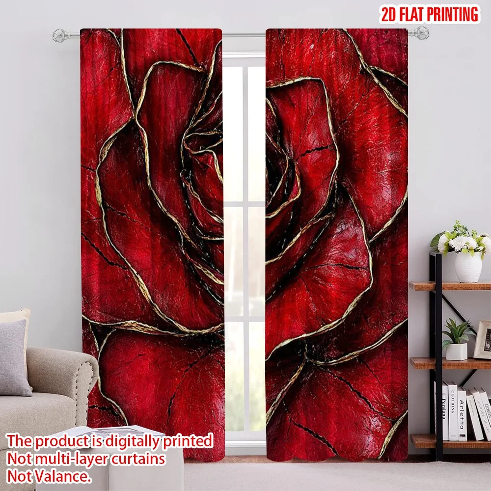 2D flat printing 2pcs Curtain Curtain Valentine's Day Red Rose Digital Printed Polyester Drapes Party Decorations Perfect for