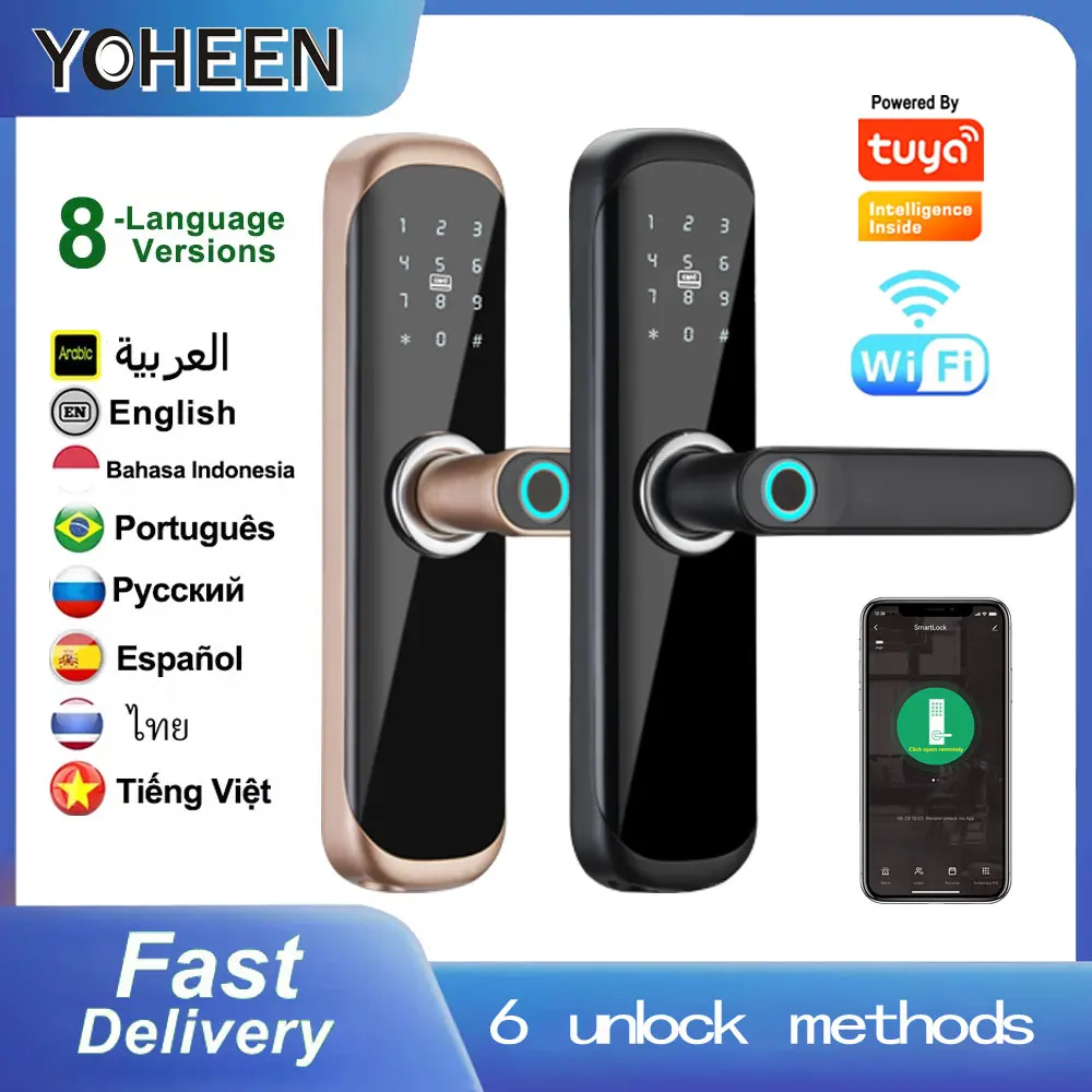 Home Electronics Tuya Wifi Wireless Door Lock Biometric Fingerprint Handle Waterproof Smart Lock with Security Key Card Code