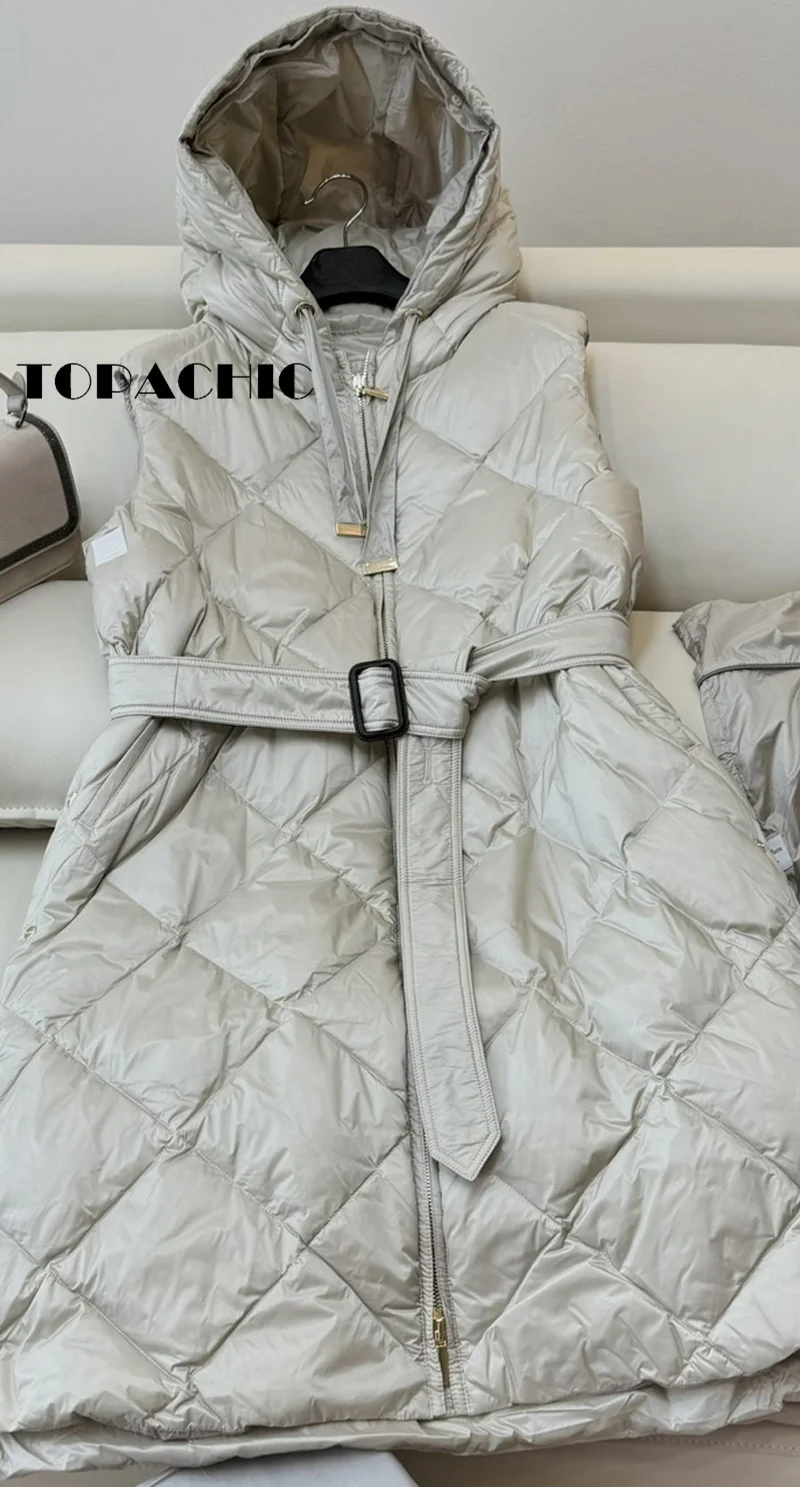 8.29 TOPACHIC-Women High Quality Goose Down Button Sashes Vest Quilted Argyle Plaid Hooded Sleeveless Zipper Down Vest Jacket