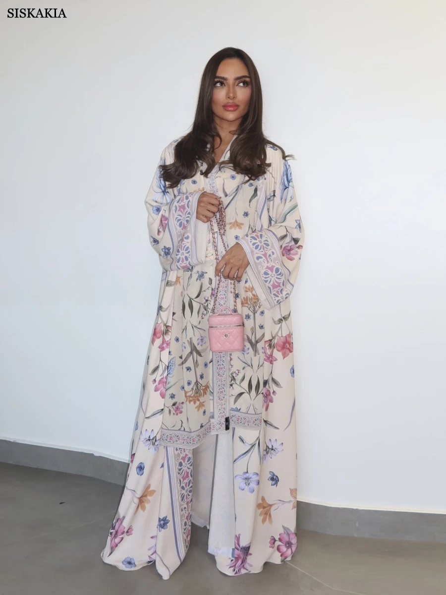 

Siskakia New Dubai Elegant Floral Print open abaya Clothing Women Hijab included Stylish Loose Cardigan 2025