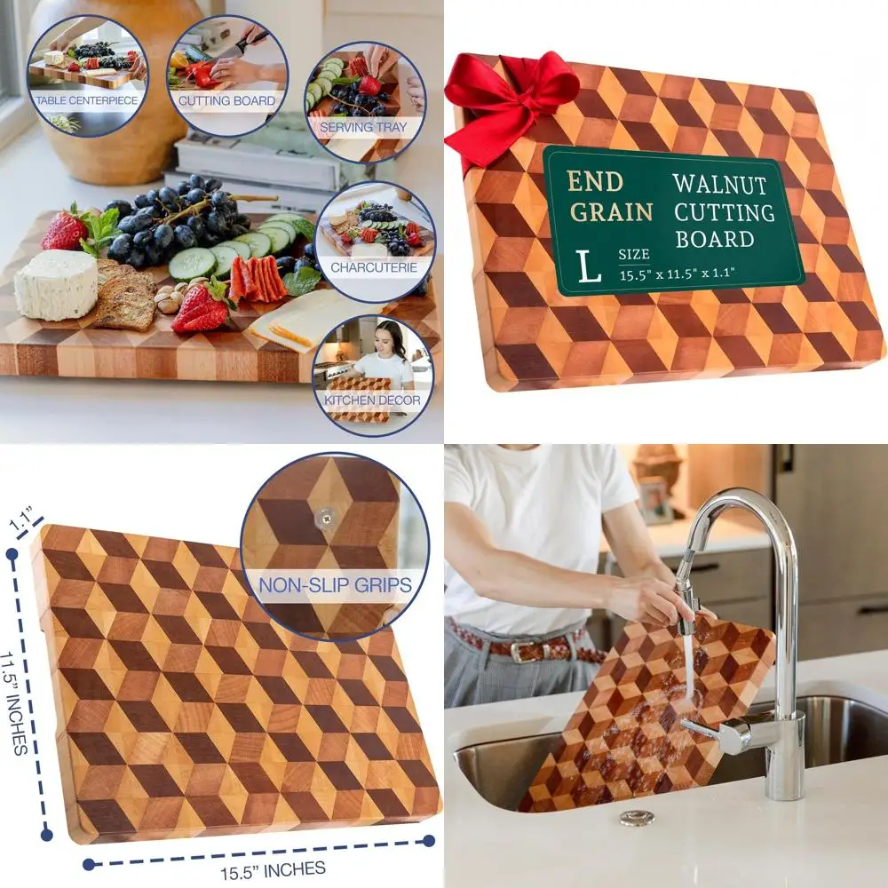 

Large 15.5x11.5 Walnut Chopping Block with Non-Slip Grips - Thick 1.1 Handmade End Grain Cutting Board for Kitchen and Butchery