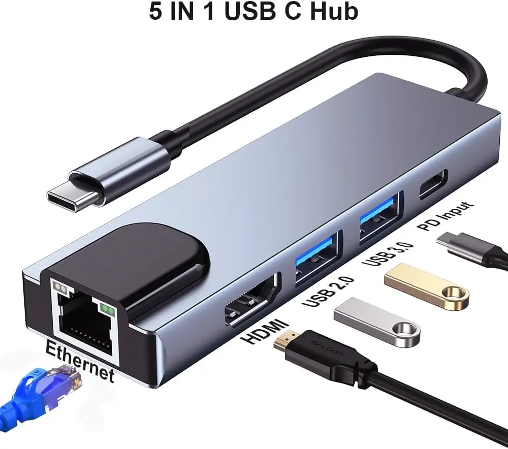 10PCS 5-in-1 Type-c Hub USB C Adapter With RJ45 Ethernet HDMI USB 3.0 Ports And Type-c Power Delivery For Laptop Tablet And Smar