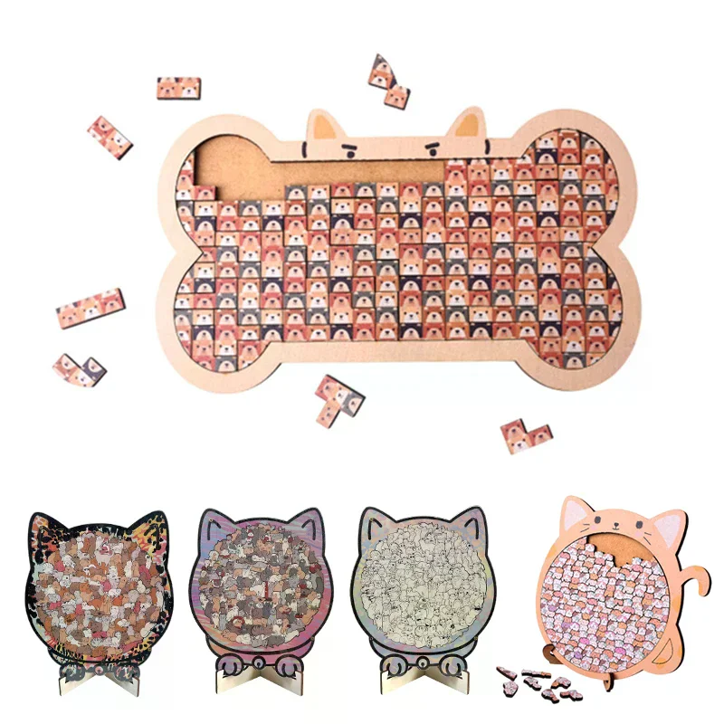 Cat-Shaped Wooden Puzzle Bone-Shaped Jigsaw Puzzle Irregular Unique Animal Pieces Decorative Gift Stress Relief Home Decor