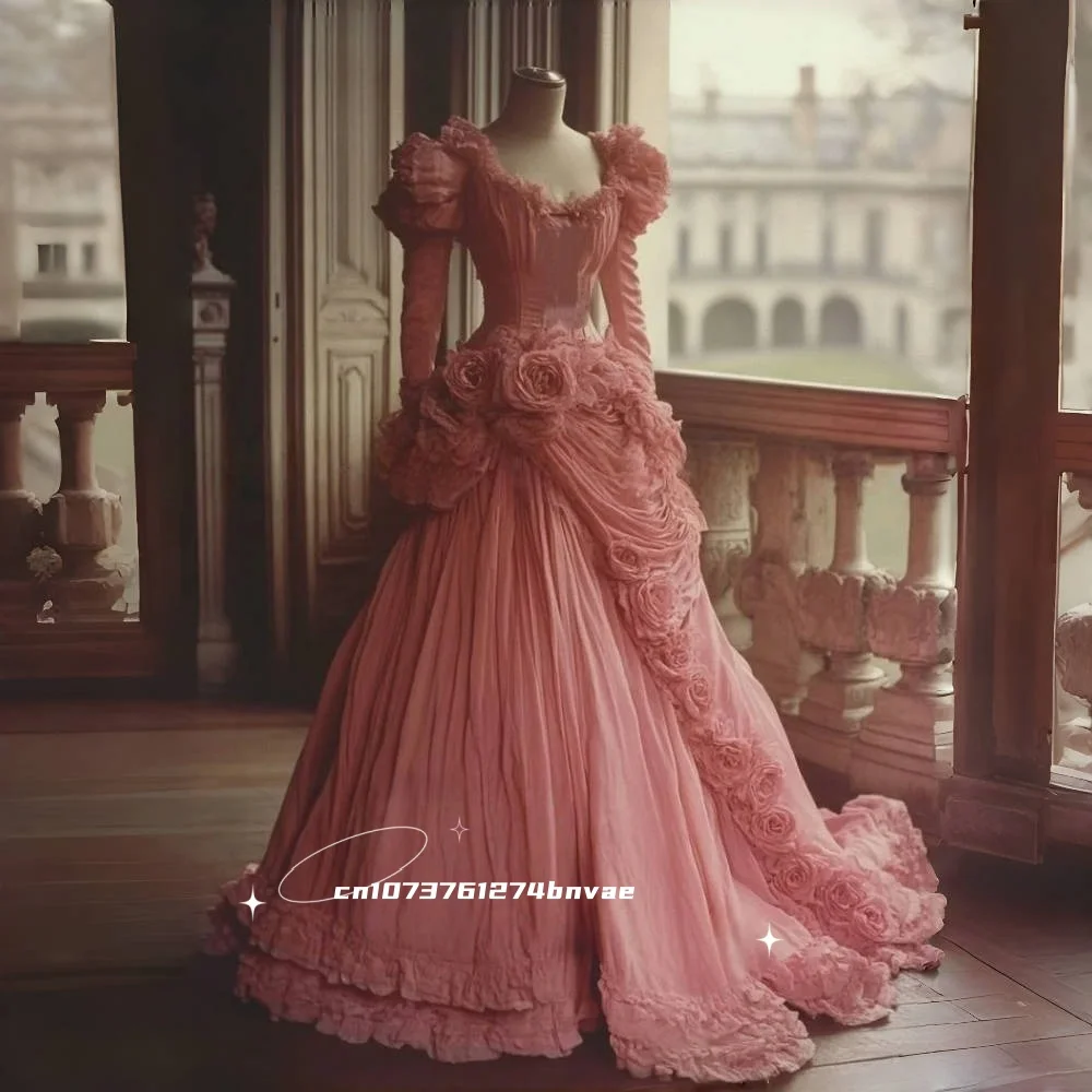

Vintage Victorian Prom Dress Flowers Ruched Puff Long Sleeves A-Line Pink Formal Party Gown Retro Evening Gowns Customized