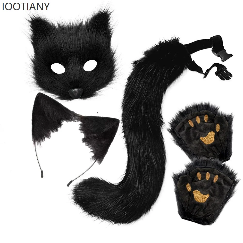 Kawaii lolita 4 peças de pelúcia animal raposa máscara com orelhas bandana e cauda conjunto anime convenção festa cosplay acessórios adereços