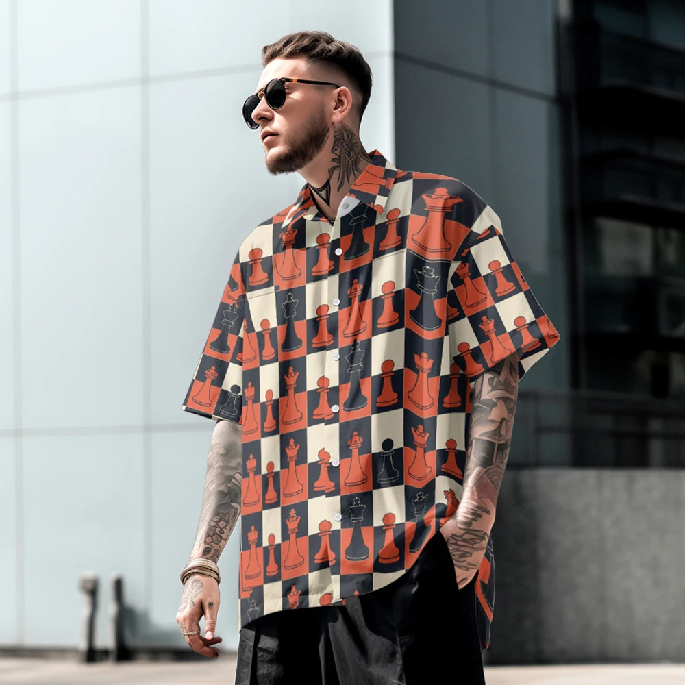 Summer casual oversized short sleeved shirt with chess checkered print, loose fit, comfortable  beach trend, single breasted