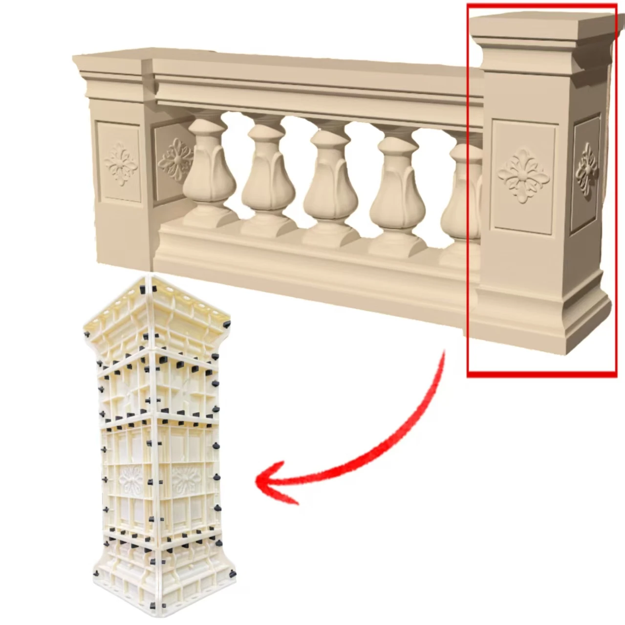 (Exclusivamente para usar con nuestros barandillas) Columnas espaciadoras que se pueden combinar con barandillas de 60 cm de alto, moldes de pilar, específicamente para hormigón y cemento, fácil de desmoldar, antiadherente, moldura única vez, fácil de usar