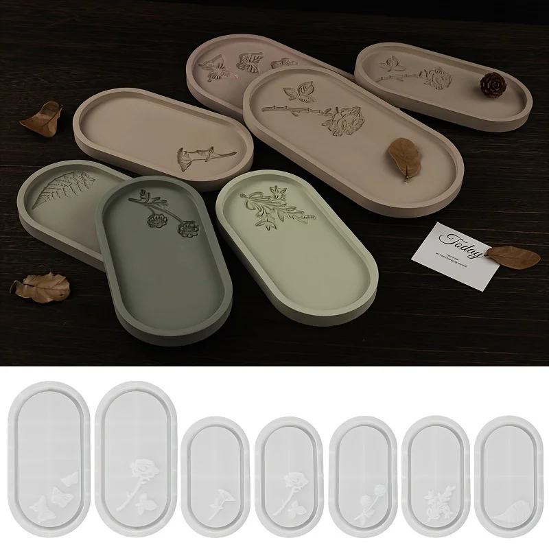 DIY Adhesive Drop Gypsum Cement Printing Carved Rose Butterfly Oval Dish Mold Storage Tray Silicone Mold