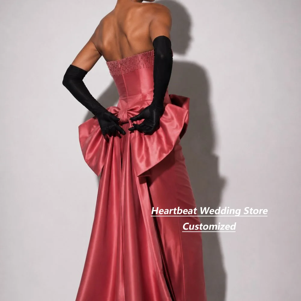 Customized Dusty Pink Strapless Beaded Satin Mother Of The Bride Gown Mermaid Dress Big Bow Long Train Formal Evening Gown
