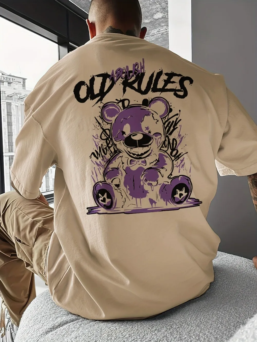 Summer new men's cute teddy bear graffiti print breathable round neck T-shirt outdoor urban fashion high street top