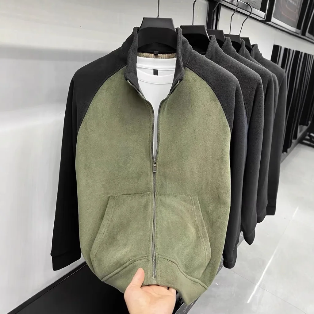 Winter plush thick double-sided Australian fleece stand up collar sweatshirt men's zipper cardigan color blocked trendy jacket