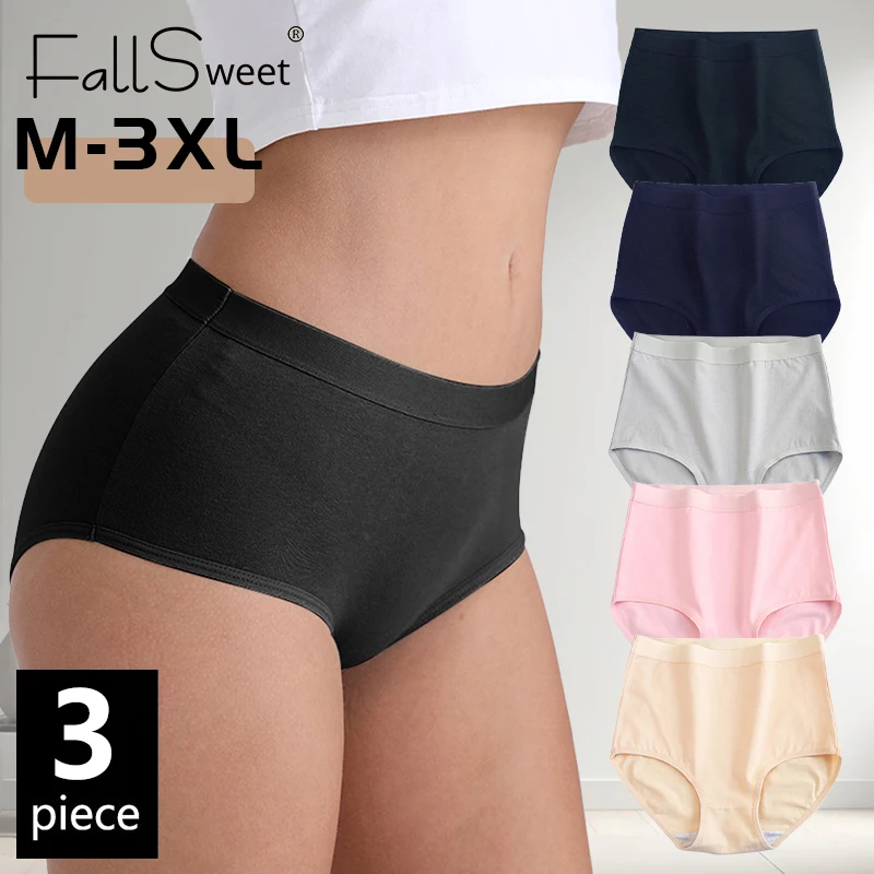 FallSweet 3-teiliges Set Damen-Baumwollhöschen, nahtlose Slips in Übergröße, solide Unterwäsche, weiche, atmungsaktive Unterhosen, Damenunterwäsche