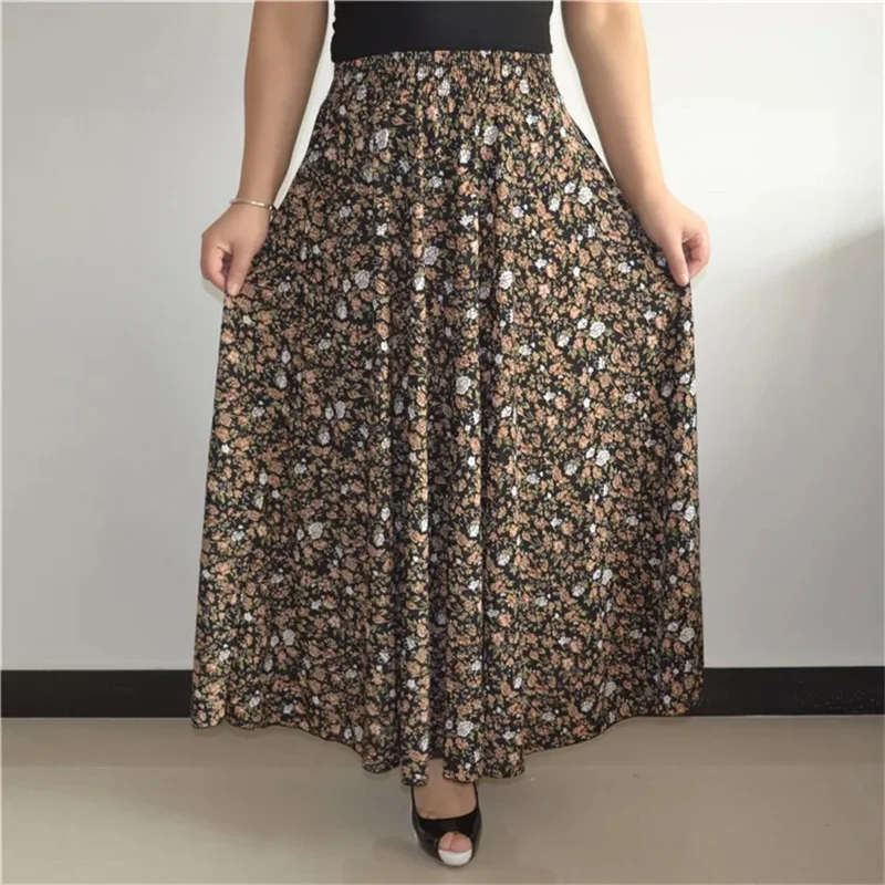 الصيف السيدات الأزهار طباعة تنورة الكورية الإناث حجم كبير 4XL الحرير الجليد الشمس التنانير الطويلة منتصف العمر الأم عالية الخصر ماكسي تنورة