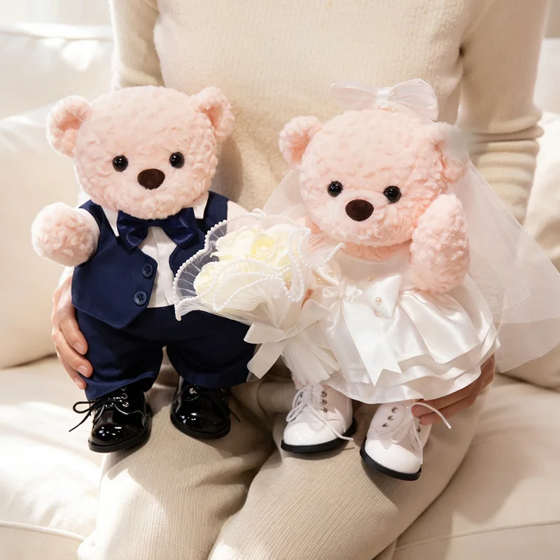 White Bride Rabbit Plush Doll Pink Bare Bear Brown Wedding Bear Poseable Stuffed Animals For Wedding Souvenir Collection