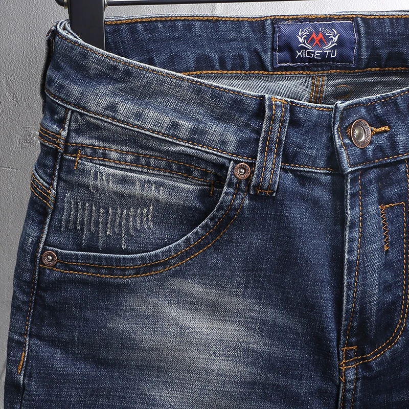 Fashion Designer Men Jeans High Quality Retro Washed Blue Stretch Slim Fit Ripped Jeans Men Italian Style Vintage Denim Pants