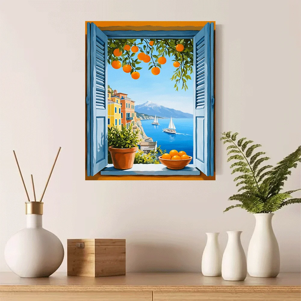 1PC-Canvas poster Unframed  Mediterranean Window View Orange Tree Coastal Scene Sailboats Sea Landscape Art Print  summer