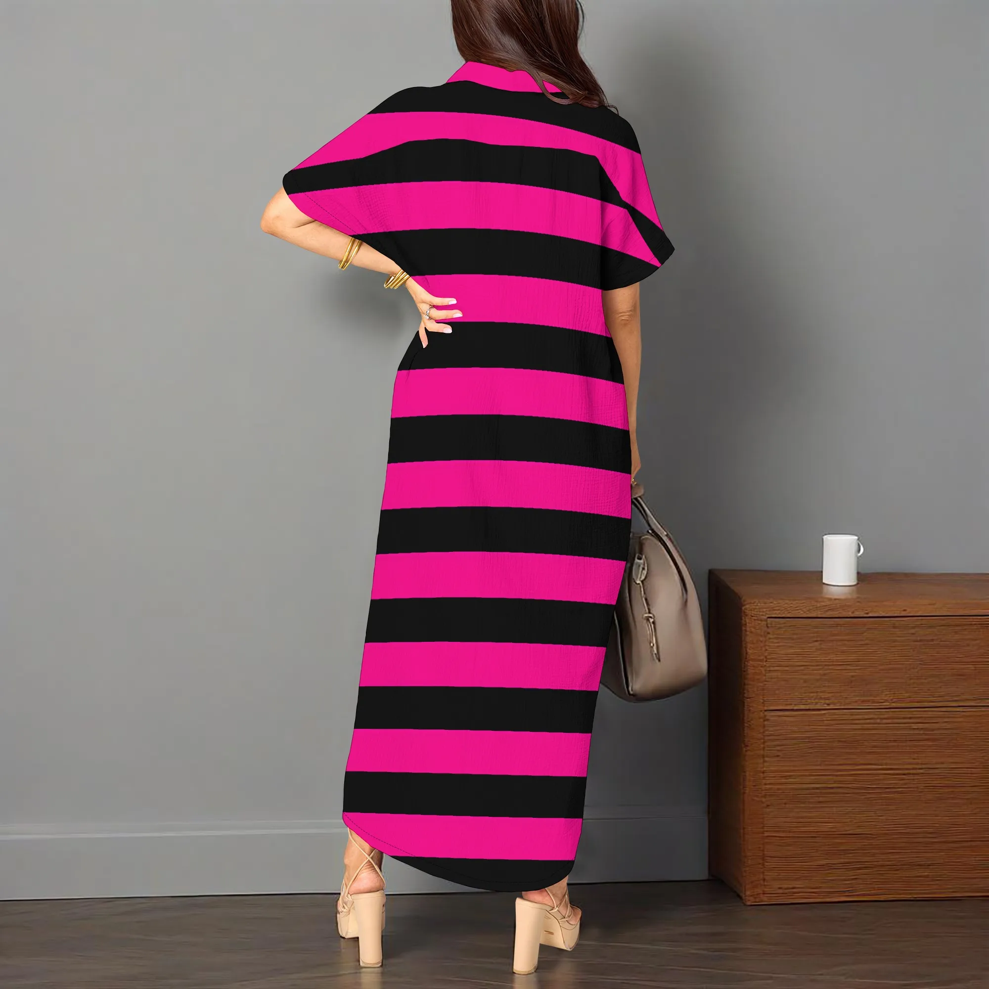 Nupusa Striped Print Dress for Women Regular Size Summer Casual Shirt Neck Short Sleeve High - Low Dress