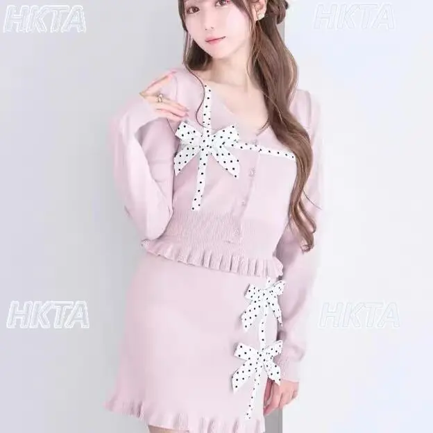 Japanese Elegant Sweet Polka Dot Bow Ribbon Slim Pleated Long Sleeve Knitted Short Top Mini Skirt Commuter Lolita Suits Women