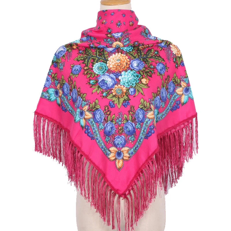 Russian Style Square Scarf Women Ethnic Floral Print Bandana Traditional Ukrainian Polish Fringed Shawl Babushka Head Wraps