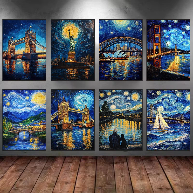 Abstract Van Gogh Landscape Poster Sydney Opera House Starry Night Prints Diamond Painting Wall Art for Home Living Room Decor