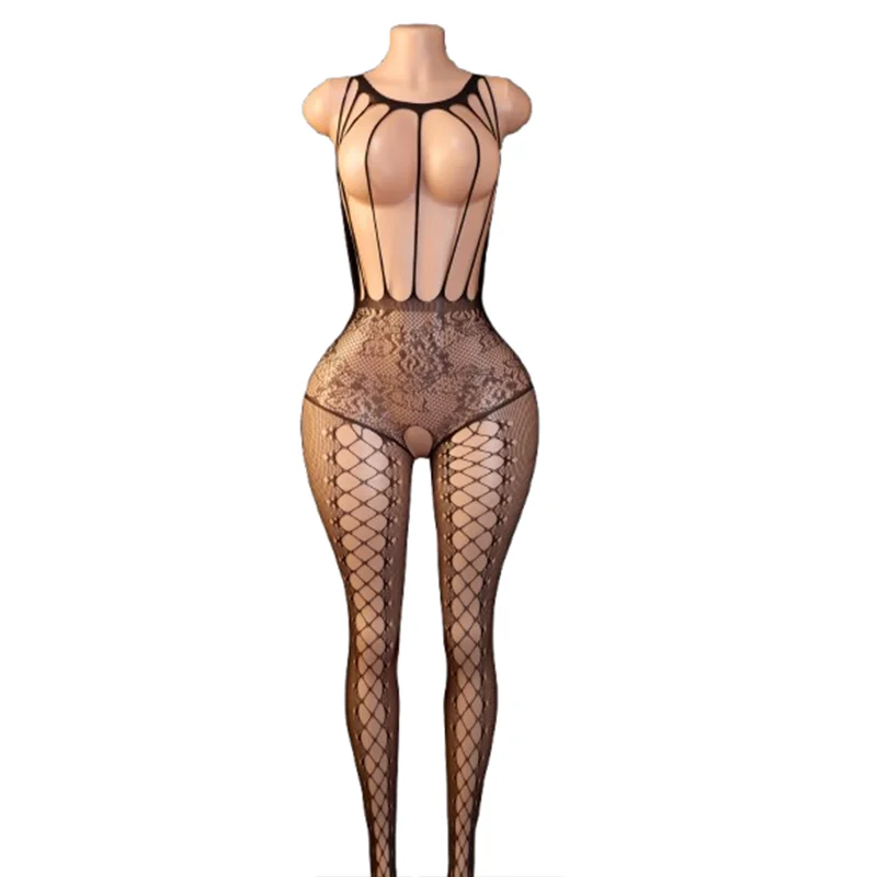 1 Piece Women's Sexy Lingerie: Spaghetti-Strap Fishnet Bodysuit featuring Off-Shoulder, Cut-Out, and Open-Crotch Design.