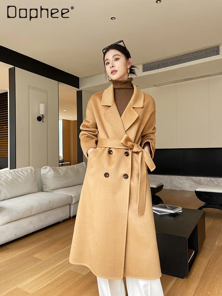 

High Quality Double Sided Cashmere Coat for Women Mid Length Double Breasted Belt Temperament Wool Jacket Ladies Overcoat