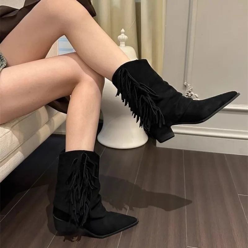 Women's Fashion Pointed-toe Chunk-heeled Shoes 2025 Vintage Fringed Suede Western Cowboy Boots Soft-soled Anti-slip Ankle Boots