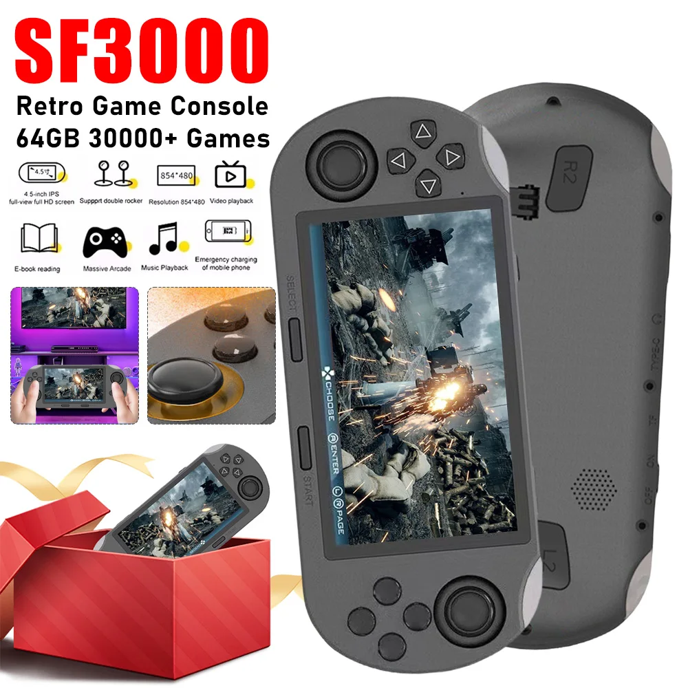 

SF3000 Ретро портативная игровая консоль 4,5-дюймовый IPS-экран игровая консоль 30000+ игр USB перезаряжаемый игровой плеер для PS1/GBA/SFC