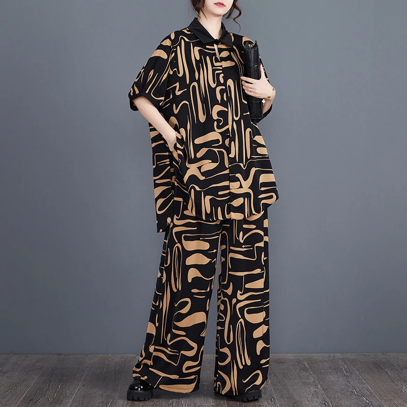 Xiaoxin Faion طوق فضفاض أعلى عارضة رقيقة بوت قطعتين مجموعة زائد حجم السراويل واسعة الساق الصيف وصول جديد