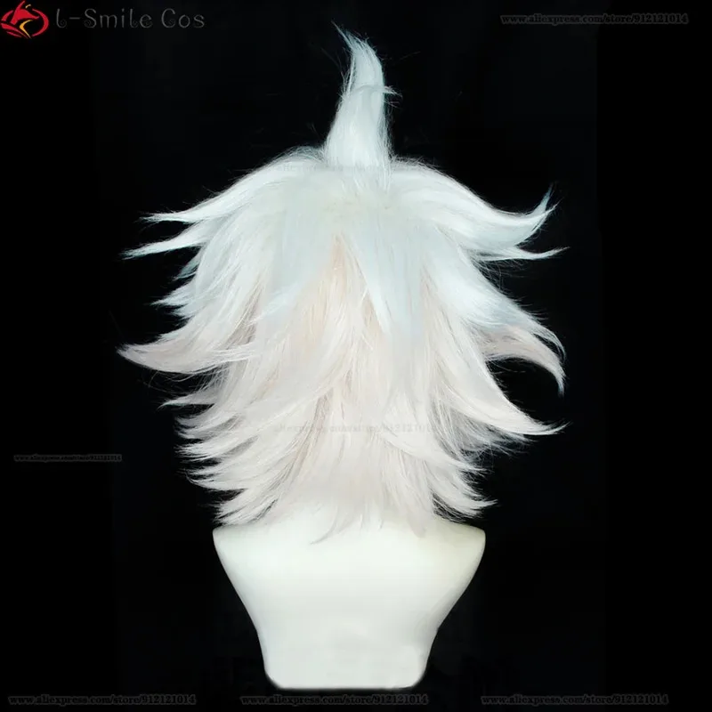 Peluca de Cosplay de Anime Danganronpa 2 Nagito Komaeda, pelucas de pelo sintético resistentes al calor con degradado blanco y rosa + gorro de peluca