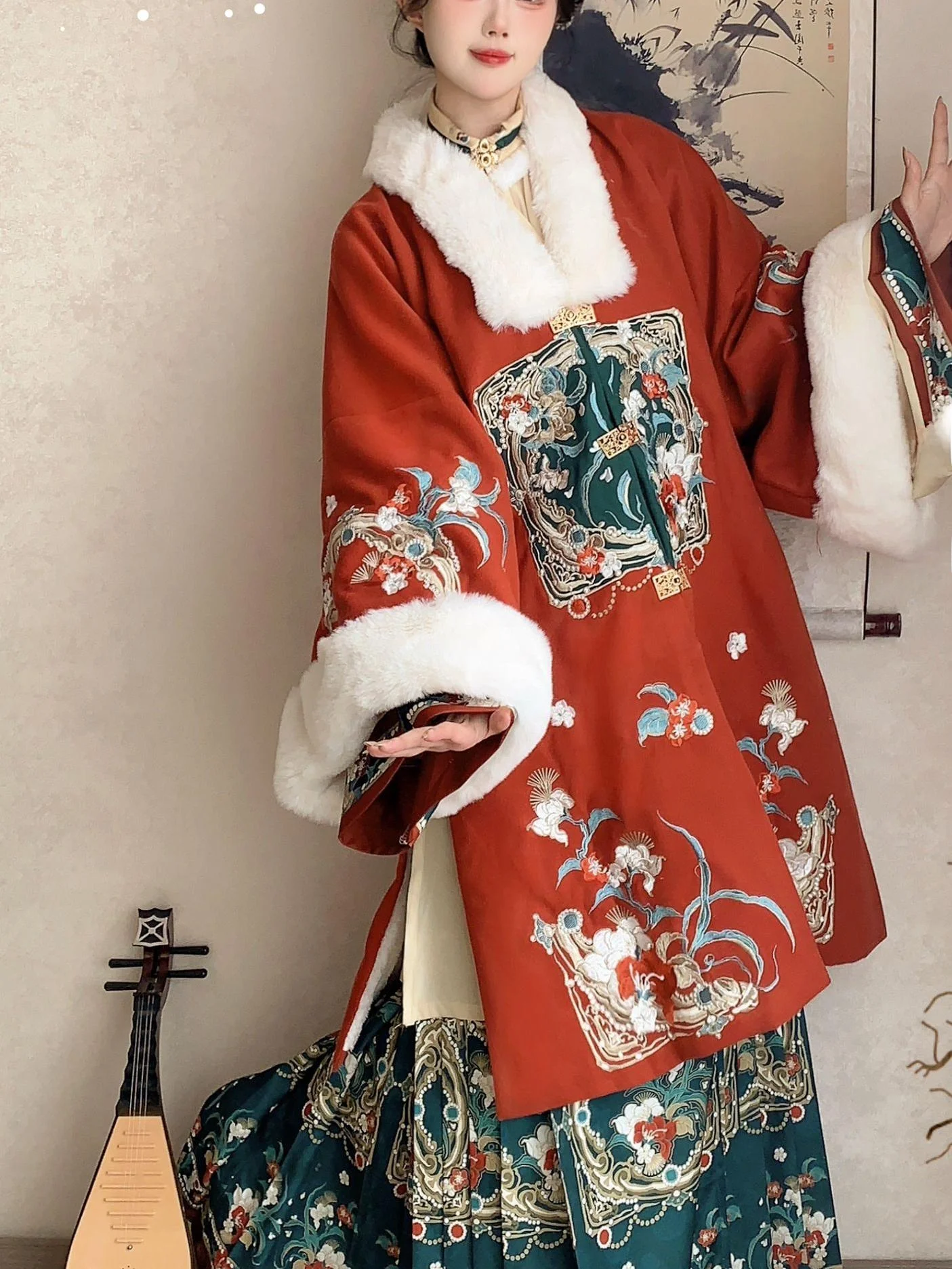 

Original Hanfu Women's Spring Floral Load Thiened Fce Autumn Winter Sle Long Coat with Face Skirt Ensemble