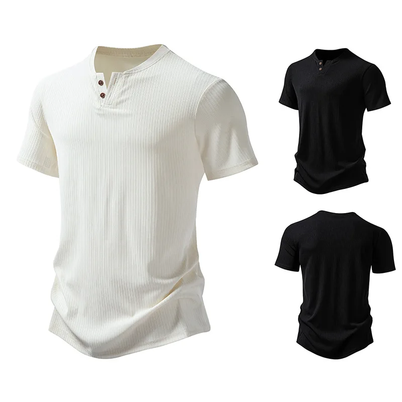 European Size Men's T-shirt Summer Pit Stripe Fabric 2-button Design V-neck Short Sleeved T-shirt Top Wholesale