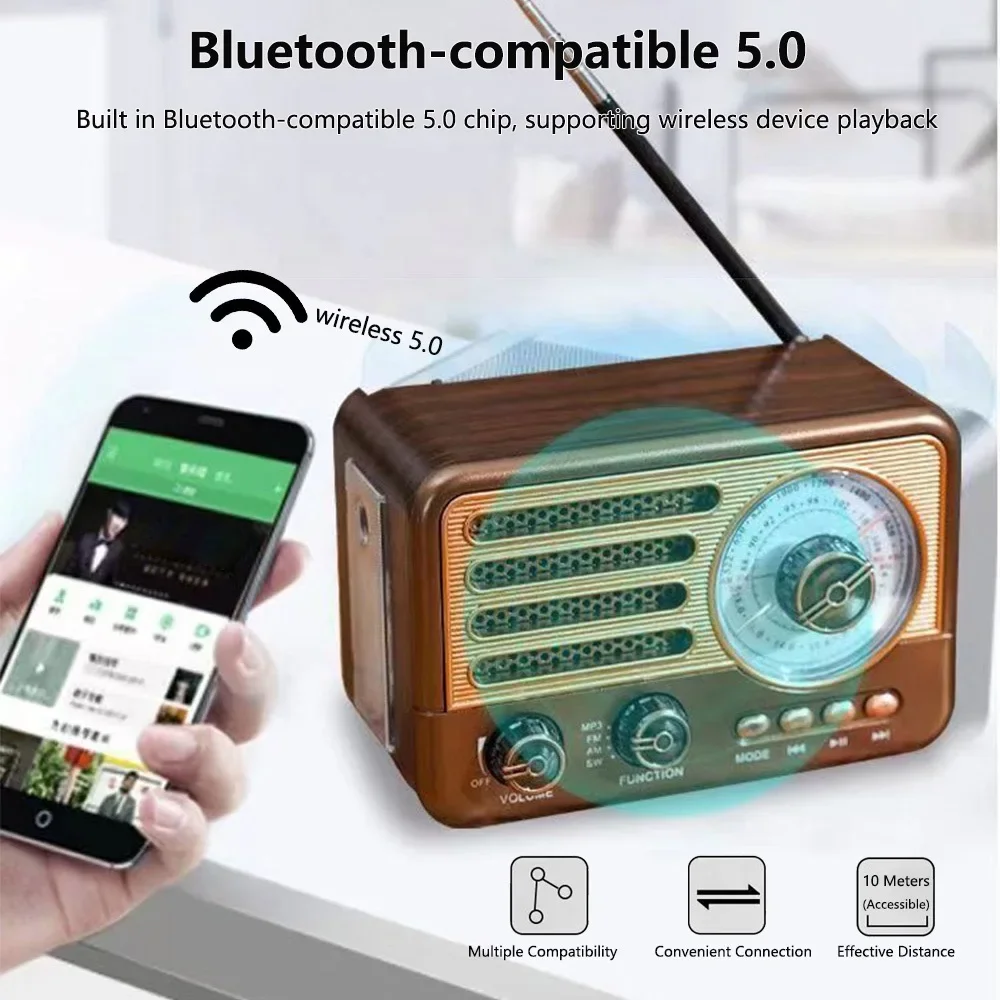 Portable Retro Radio Mini FM/AM/SW Radio Receiver Vintage Bluetooth Speaker With LED Flashlight Support TF Card USB AUX Play