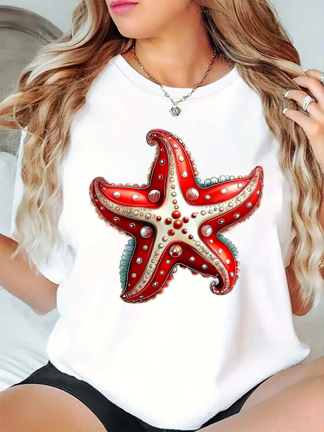 Beautiful Bright Red Starfish Ocean Sea Creature Art Graphic Womens T Shirt Short Sleeve Crew Neck Daily Casual Ladies Tee Tops