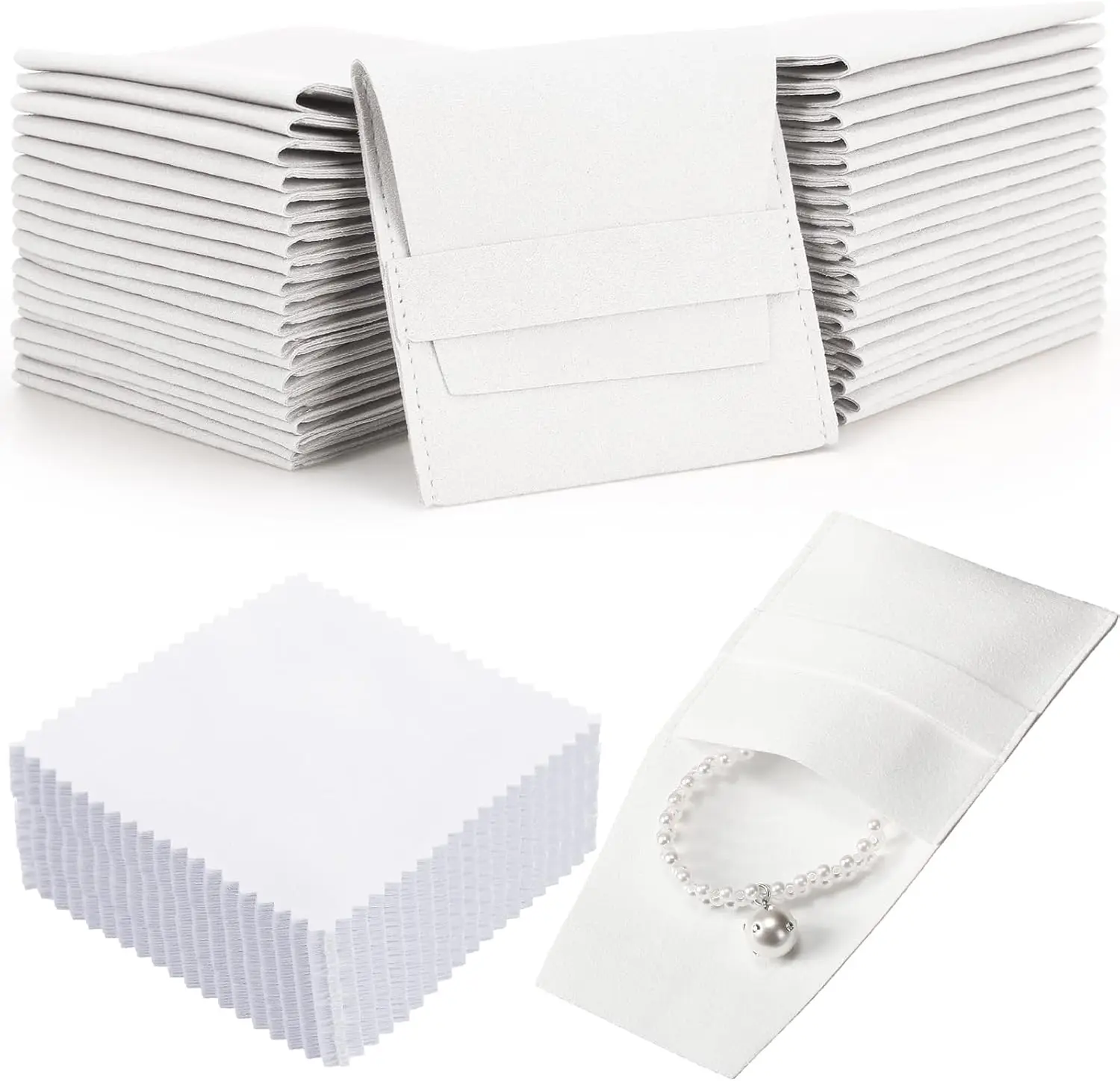 

40 Pcs Microfiber Jewelry Pouch 8x8cm Packaging Bag Luxury Gift Fixed Strap Envelope Style Package with Cleaning Cloth (White)