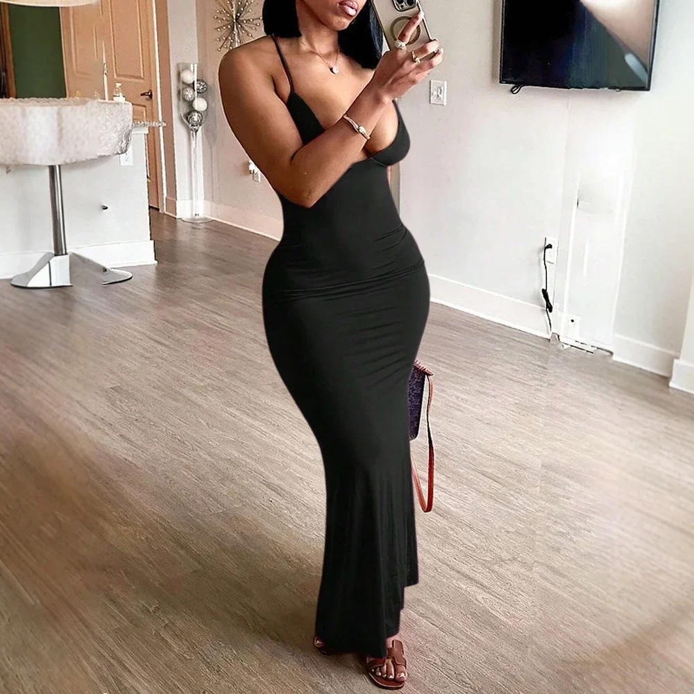 Dresses Spring Summer Basics Daily Solid Color Sleeveless Plunge Neck Maxi Bodycon Cami Dresses  For Women