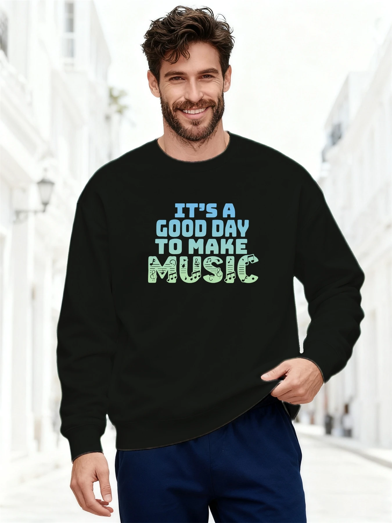 

Men's Music-Themed Oversized Sweatshirt - "It's a Good Day to Make Music" Slogan with Musical Notes & Instruments Print