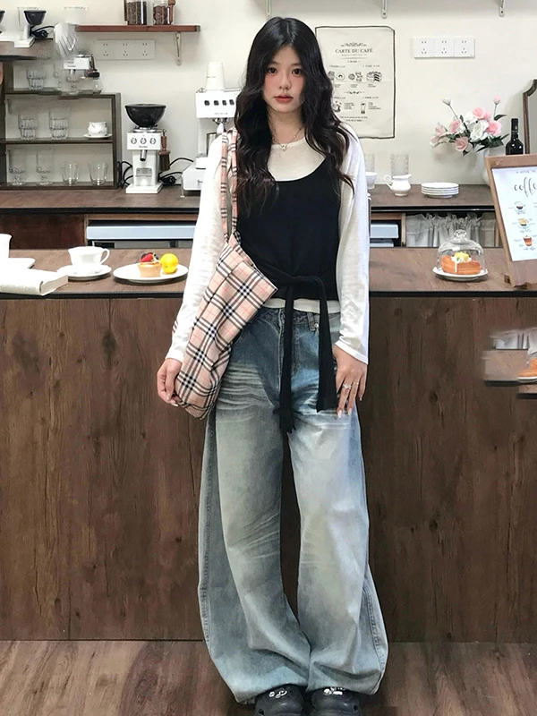 

Американские джинсы-клеш в стиле ретро, женские, новинка 2025, свободные прямые брюки, осенние джинсы с низкой посадкой