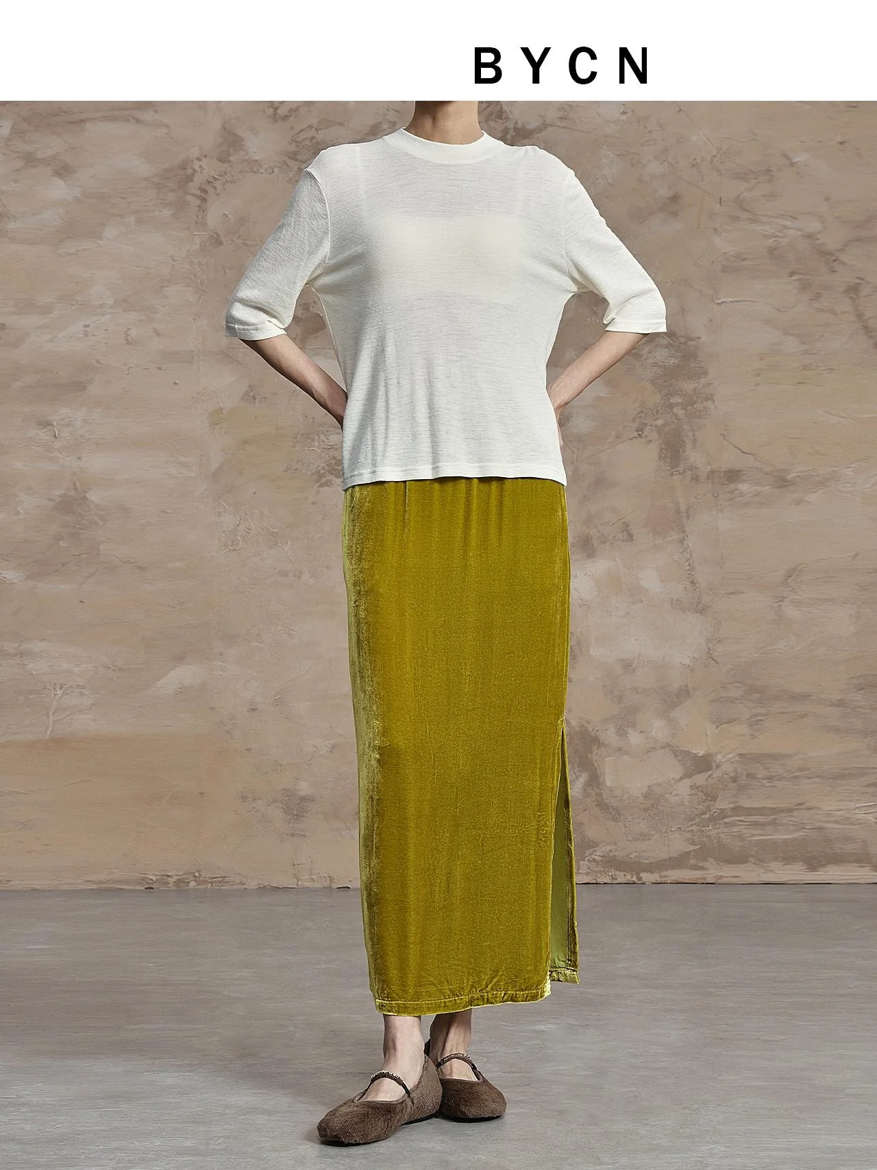 Annibycn Silken Velvet Women's Midi Skirt Gentle Straight Cut Spring Autumn High Waist Commute Style Daily Wear H-Shape