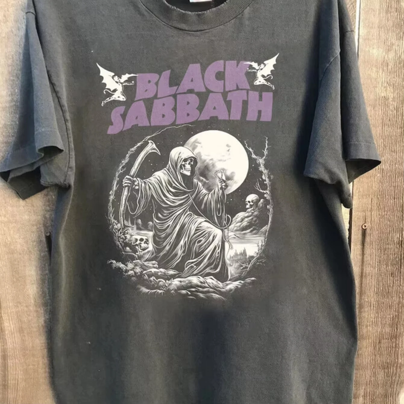 Vintage 80er Jahre Black Sabbath Band Grafik-T-Shirt Heavy Metal Unisex Baumwolle Sommer Washed Casual Rock Fan Urlaubsgeschenk Oberteile – Detail 2