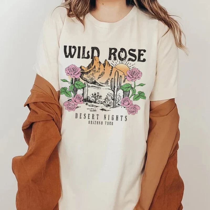 Wild Rose Ladies Summer Desert Cactus Graphic T Shirts Vintage Boho Aesthetic Tops Women Loose Retro Cute Western Tshirt Clothes